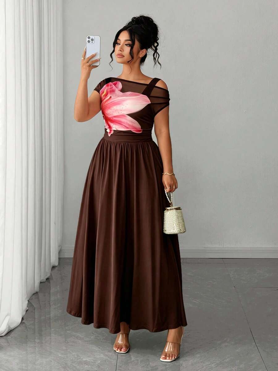 Elenzga Robe midi drapée style bohème pour femmes grandes tailles, col asymétrique, imprimé floral crème, printemps/été, tenue élégante pour vacances, plage, fête, jupe drapée ample parfaite pour la plage, photos de jardin, fête d'anniversaire ou dîner romantique - Marron - Voir 1