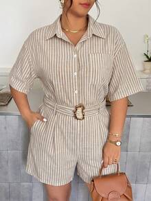 Firerie Plus Size Summer Casual Striped Romper Elegant Office Business Work Jumpsuit For Women Casual Brown Striped Jumpsuit Daily Elegant Going Out Jumpsuit - Multicolor - View 4