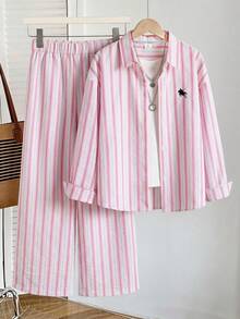 SHEIN 青少年女孩休閒條紋襯衫與長褲套裝 - 彩色 - 查看 1
