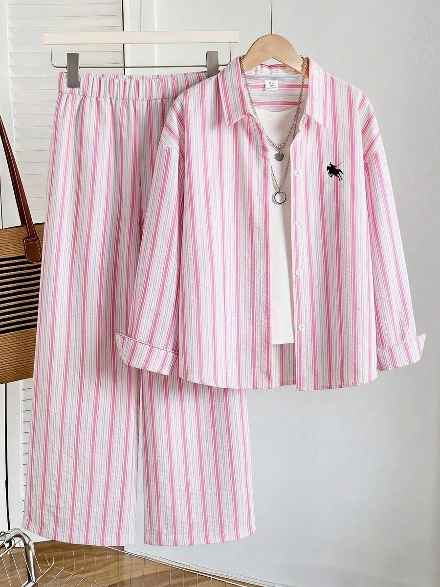 SHEIN 青少年女孩休閒條紋襯衫與長褲套裝 - 彩色 - 查看 1