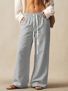 Bohemela Casual Woven Striped Loose Fit Women's Long Pants - Black and White - View 1