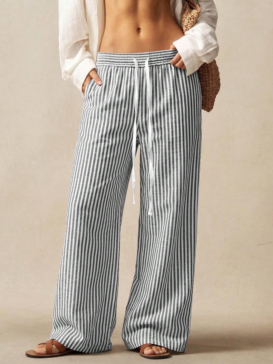 Bohemela Casual Woven Striped Loose Fit Women's Long Pants - Black and White - View 1