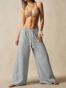Bohemela Casual Woven Striped Loose Fit Women's Long Pants - Black and White - View 5