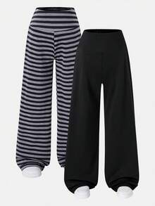 Tween Girls High Waist 2pcs/Set Big Winter New Casual Uniform Baggy Minimalist Knitted Fitted Straight Leg Long Pants, Versatile For School Grey Black - Black - View 1
