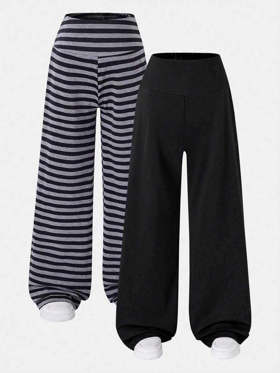 Tween Girls High Waist 2pcs/Set Big Winter New Casual Uniform Baggy Minimalist Knitted Fitted Straight Leg Long Pants, Versatile For School Grey Black - Black - View 1
