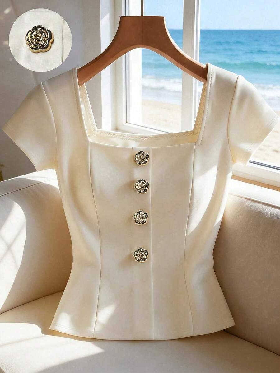 Franclia Camiseta de mujer de manga corta con cuello cuadrado y decoración de botones delanteros de unicolor - Albaricoque - Ver 1
