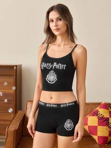 HARRY POTTER X SHEIN Collaboration 2-Piece Underwear Set, Camisole + Boxer Briefs, Print - Black - View 4