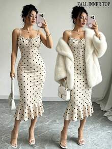 Elenzga New Autumn Colorful Sexy Pattern Print French Style Elegant Elegant Beautiful Unique Cinched Waist Bodycon Ruffle Hem Drawstring Design Comfortable Spaghetti Strap Dress - Apricot - View 1