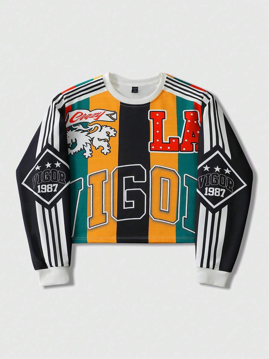 ROMWE MEN Men's Crew Neck Colorblock Digital Pattern Casual Daily Wear Sweatshirt - Multicolor - View 1