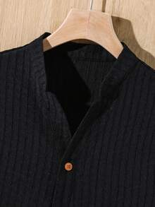 SHEIN 2件組兒童/青少年男孩休閒日常舒適立領開襟寬鬆短袖襯衫與直筒寬鬆長褲套裝，適合生日派對、晚宴、表演、婚禮、洗禮、開學典禮，適用於日常穿著、上學、旅行、運動，適合春夏穿搭 - 黑色 - 查看 5
