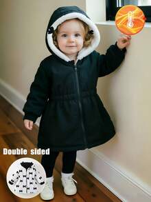 SHEIN Playful Pals Reversible Baby Girl Autumn/Winter Bow Plush Flannel All-Match Versatile Casual Thickened Waist-Cinching Long Coat Warm Jacket - Black and White - View 5