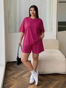 Dazy Plus Solid Color Knit Round Neck Top And Shorts Loungewear Pajama Set - Hot Pink - View 3