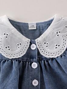 SHEIN Vintaside Kids Infant/Toddler Denim Lantern Sleeve Floral Lace Collar Embroidered Hem Blouse Pants Spring/Autumn Baby Girl 2 Pieces Set Family Matching Blue - Blue - View 3