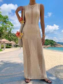 Livesso Women's Solid Color Hollow Knit Beach Cover-Up Dress - Beige - View 4