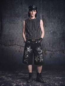 Vyqestra Men's Hiphop Streetwear Rhinestone Star Washed Black Denim Shorts - Black - View 4