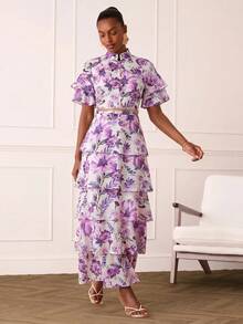 Lilora Women's Elegant Casual Celestial Romantic Floral Ruffle Dress Wedding Party Garden Tea Party Day Purple And White Summer - Purple - View 1