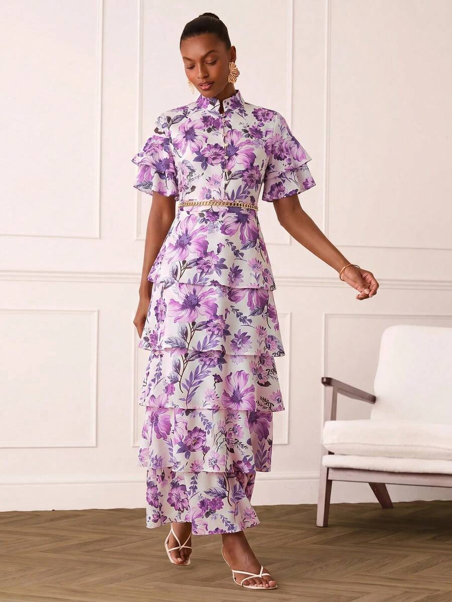 Lilora Women's Elegant Casual Celestial Romantic Floral Ruffle Dress Wedding Party Garden Tea Party Day Purple And White Summer - Purple - View 1