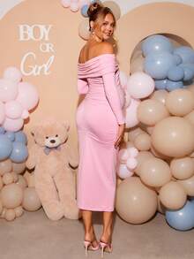 Loomaby Maternity Solid Color One-Shoulder Ruched Casual Party & Travel Dress,Gender Reveal Dress,Maternity Dress,Baby Shower Dress,Party,Wedding,Birthday - Pink - View 7