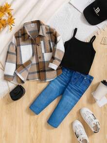 SHEIN 女嬰格紋襯衫、純色背心與藍色長褲套裝 - 棕色 - 查看 3