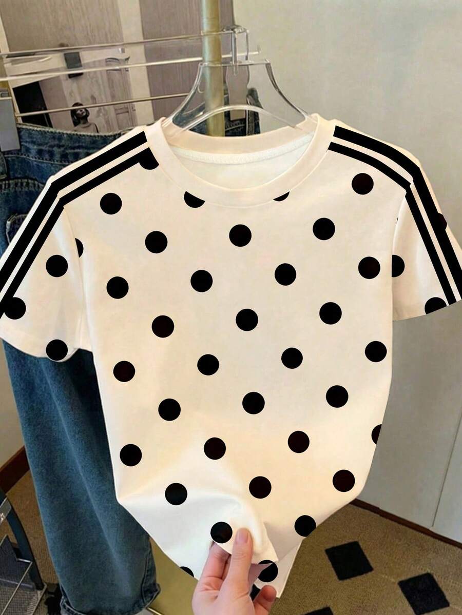 條紋與波點經典對比色辦公穿搭,年輕女孩休閒圓領短袖極簡主義T恤夏季款 - 彩色 - 查看 1