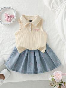 Genkimix Kids 女童 Polo 裙套裝 夏季新品 可愛甜美風 白色羅紋針織無袖上衣搭配 - 杏色 - 查看 1