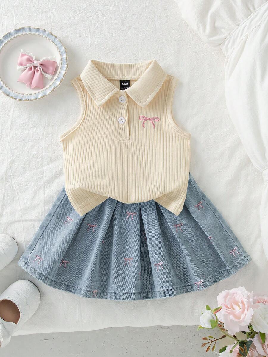 Genkimix Kids 女童 Polo 裙套裝 夏季新品 可愛甜美風 白色羅紋針織無袖上衣搭配 - 杏色 - 查看 1