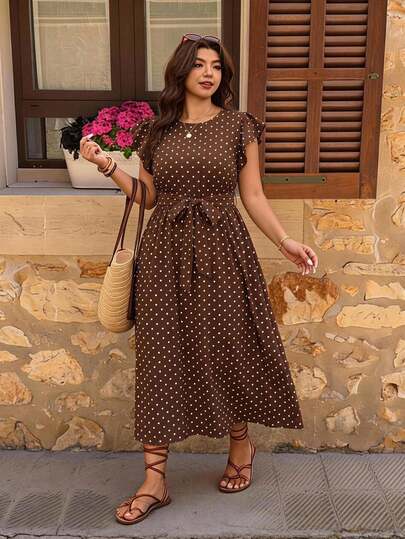 Melodosi Casual Minimalist Vintage Polka Dot Print Plus Size Women's Romantic Ruffle Short Sleeve Dress, Suitable For Summer, Dating, Party