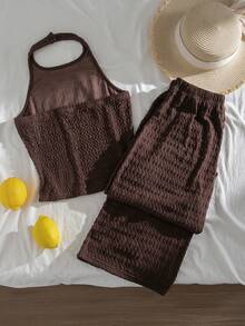 SHEIN Teen Girls Solid Color Ribbed Cropped Camisole And Wide Leg Pants Casual Set Back To School, Holiday Outfits - Brown - View 7