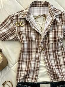 IslaSuriya 女款夏季休閒格紋襯衫女式上衣 - 摩卡棕 - 查看 4