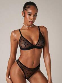 SHEIN BAE Valentine's Day Sexy Sheer Heart Jacquard Mesh Wireless 2Pcs Lingerie Set - Black - View 3