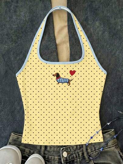 Cute Retro Sweet Dopamine Color-Block Polka Dot, Cute Sausage Dog Heart Print, Tween Girls White Long Casual Halter Top, Slim Fit Tank Top For Summer, Back To School, Y2K, Music Festival, BM