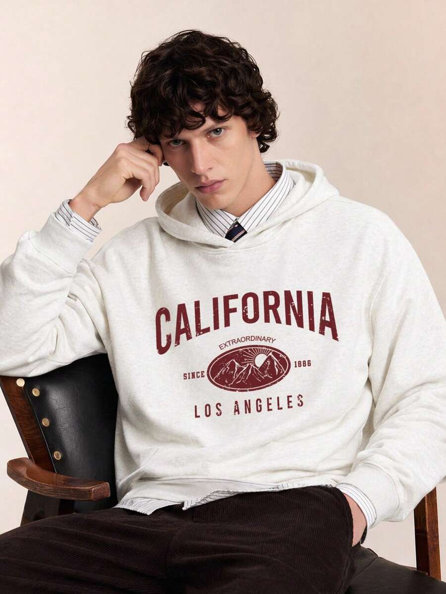 Limitiso Light Gray Floral Pattern Men's Loose Fit Drop Shoulder Hoodie, College Letter Design - Light Grey - View 1