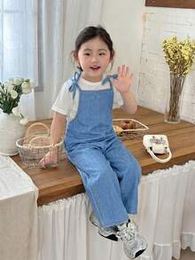 SHEIN Little Byeori 女童深藍色牛仔寬鬆連身褲 - 淺色水洗藍 - 查看 3