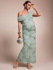 MaterniChic Elegant Maternity Party Dress With 3D Floral Asymmetric Neckline  Elegant Dresses For Party Wedding Guest Luxury Evening Sequin - Green - View 9