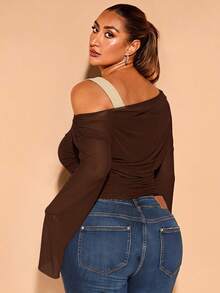 SHEIN BAE Plus Size Women Solid Color Ruched Fitted Versatile Casual T-Shirt - Mocha Brown - View 2