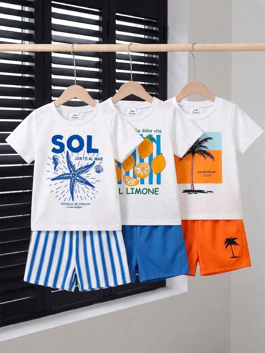 Set Musim Panas 6 Potong untuk Bayi/Balita (Laki-laki)! Motif Bintang Laut, Pohon Kelapa, dan Lemon Penuh Energi, Dipadukan dengan Warna Kontras yang Menyegarkan - MultiWarna - View 1