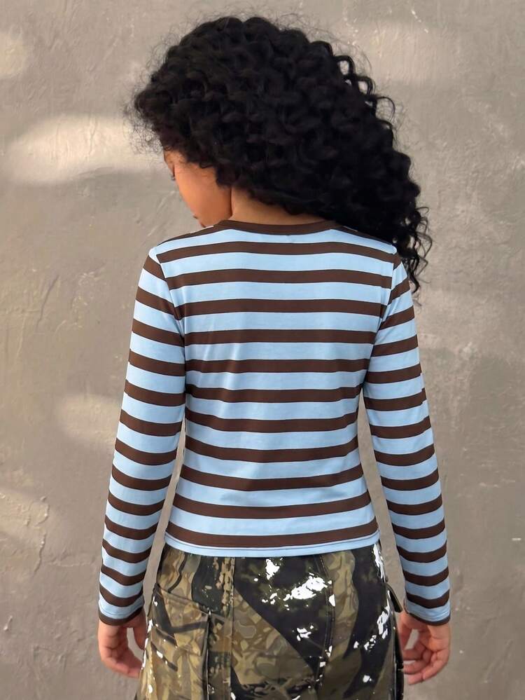 Tween Girls Girls' American Sweet & Spicy Style Blue & Brown Colorblock Striped Long Sleeve T-Shirt, Contrast Trim Square Neck With Small Bow Tie On C - Multicolor - View 5