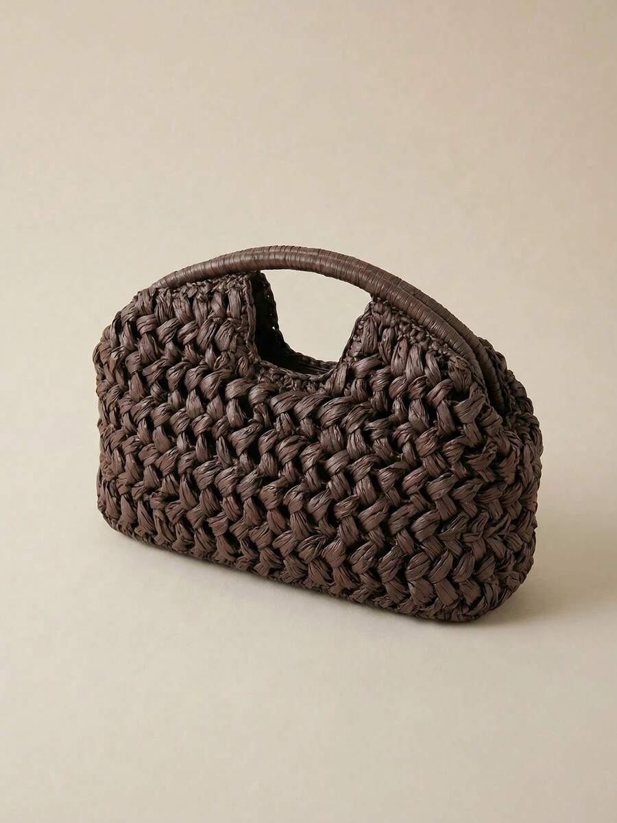 Arave Bolso de mano de fibra natural 2025, bolso de playa de verano tejido a mano de rafia, color marrón, para mujer - Café - Ver 1