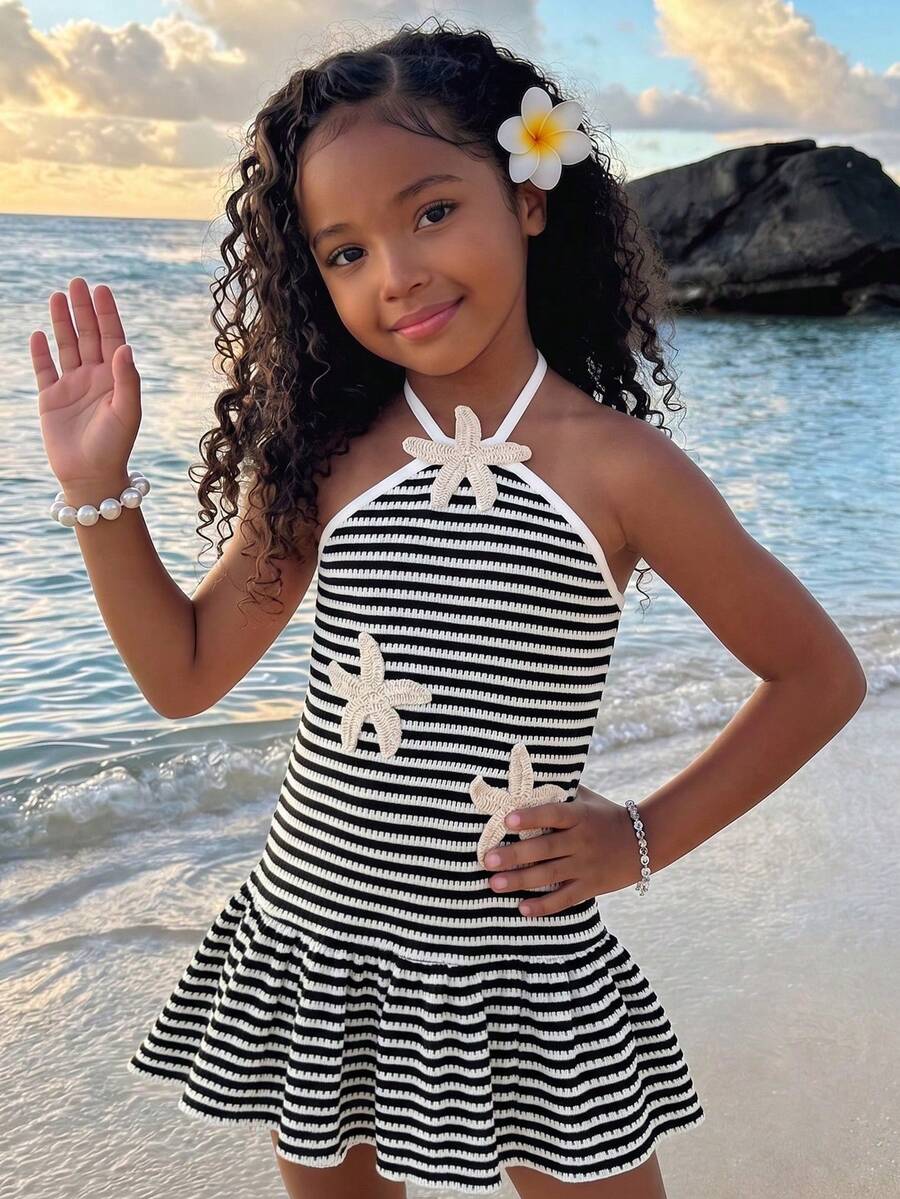 SHEIN Elladie kids 少女 YK2 夏季韓系新時尚甜美細肩帶露背彩虹條紋可愛度假洋裝