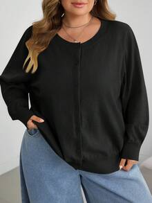 SHEIN CURVE+ 大尺碼女款休閒純色圓領長袖寬鬆剪裁上衣 - 黑色 - 查看 6