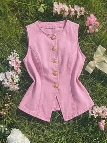 SHEIN MOD 女款夏季休閒日常通勤單排扣鈕扣修身牛仔上衣 - 粉色 - 查看 3