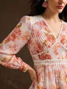 Anewsta Elegant Dress, Chiffon Long Sleeve Floral Short Dress, Patchwork Fabric Striped Heavy Work Dress - Pink - View 4