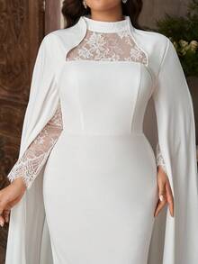Aureia Plus Size Elegant White 2 In 1 Cape Lace Patchwork Elastic Fabric Round Neck Long Sleeve Mermaid Tail Train Dress Dinner Formal Wedding Autumn - White - View 4