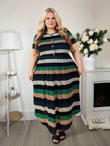 Hourglow SHEINLUNE Damen Große Größen gestreiftes Kurzarm Strick Lässig Kleid, Urlaubsoutfits Frau, Bescheidene Kleider für Frauen, für Sanduhr-Körperform elegant - Grün - Übersicht 8