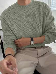 DAZY Men Solid Color Crew Neck Long Sleeve Sweater, Autumn - Army Green - View 4