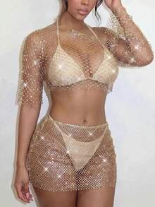 EgrlEra Women's 2 Pieces Party Club Set, Sexy Backless Sheer Glittery, Perfect For Music Festival Carnival Beige Summer - Champagne - View 3