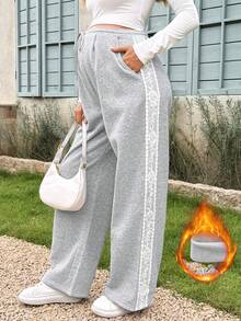 Lyckli Maternity Side Contrast Lace Drawstring Waist Pocket Wide Leg Casual Long Pants Winter - Grey - View 4