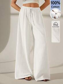 SHEIN Tall 女款純色腰部綁帶寬腿寬鬆休閒長褲 - 白色 - 查看 1