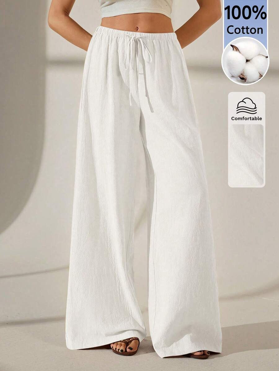 SHEIN Tall 女款純色腰部綁帶寬腿寬鬆休閒長褲 - 白色 - 查看 1