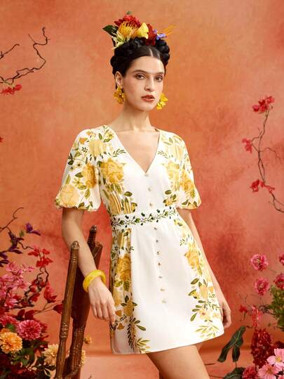 Glamance Frida Kahlo X SHEIN Floral Print Deep V-Neck Puff Short Sleeve Cinched Waist Short Dress, Elegant Mature Casual Sexy For Outing, Work, Office, Daily, Party, Wedding Guest, Bridesmaid, Birthday, Vacation, Middle East Travel, Beach, Ball, Cocktail, Summer